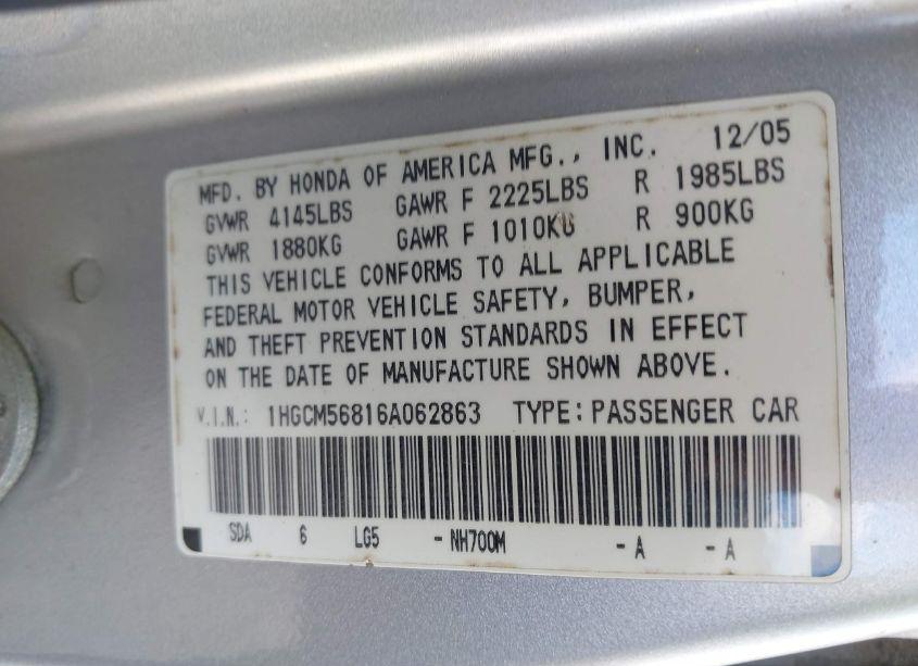 Photo 9 of 2006 Honda Accord 2.4 EX (VIN 1HGCM56816A062863)
