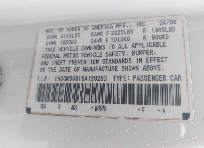 Photo 9 of 2006 Honda Accord 2.4 EX (VIN 1HGCM56816A129283)