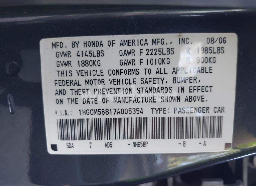 Photo 9 of 2007 Honda Accord 2.4 EX (VIN 1HGCM56817A005354)