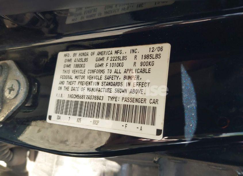 Photo 9 of 2007 Honda Accord 2.4 EX (VIN 1HGCM56817A076943)
