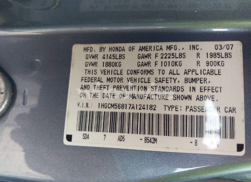 Photo 9 of 2007 Honda Accord 2.4 EX (VIN 1HGCM56817A124182)