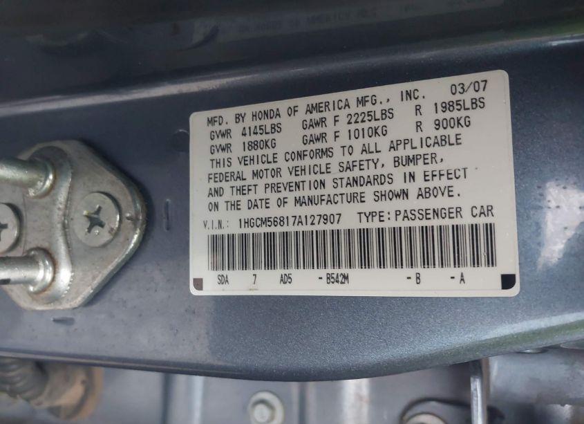 Photo 9 of 2007 Honda Accord 2.4 EX (VIN 1HGCM56817A127907)