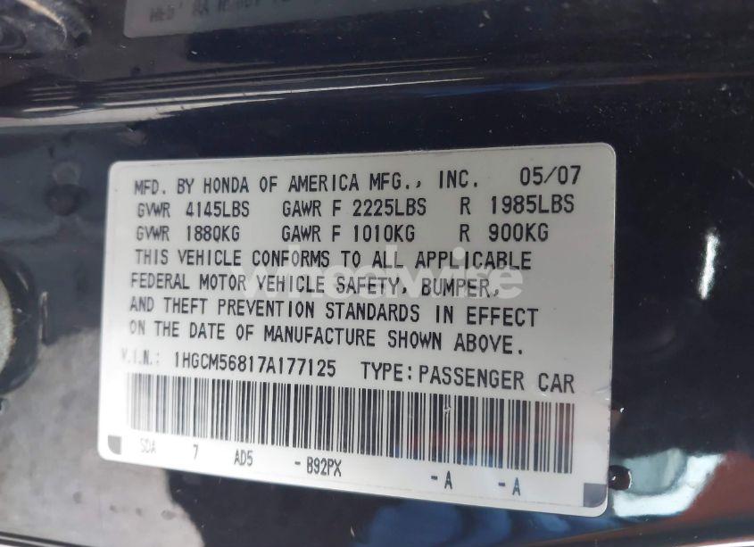 Photo 9 of 2007 Honda Accord 2.4 EX (VIN 1HGCM56817A177125)