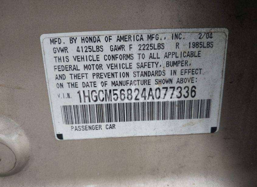 Photo 9 of 2004 Honda Accord 2.4 EX (VIN 1HGCM56824A077336)