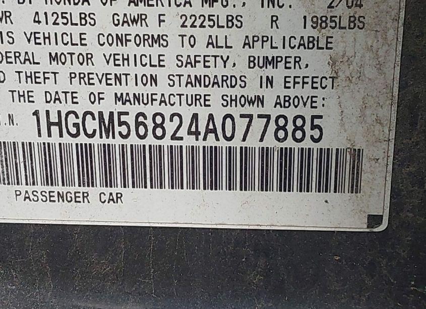Photo 9 of 2004 Honda Accord 2.4 EX (VIN 1HGCM56824A077885)