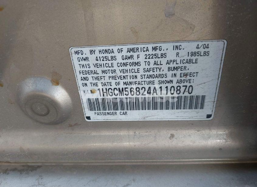 Photo 9 of 2004 Honda Accord 2.4 EX (VIN 1HGCM56824A110870)