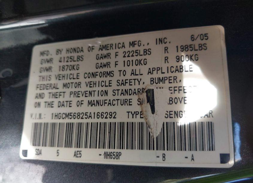 Photo 9 of 2005 Honda Accord 2.4 EX (VIN 1HGCM56825A166292)