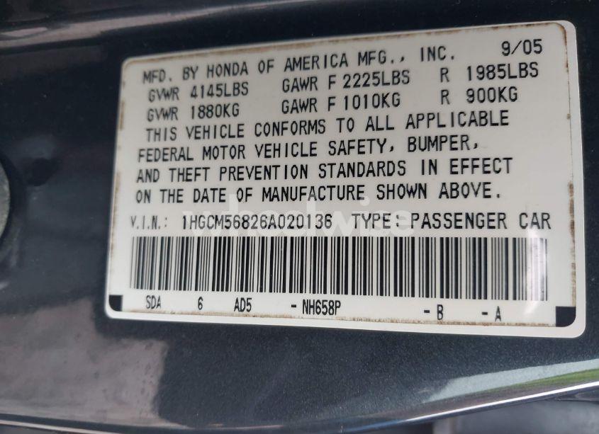 Photo 9 of 2006 Honda Accord 2.4 EX (VIN 1HGCM56826A020136)