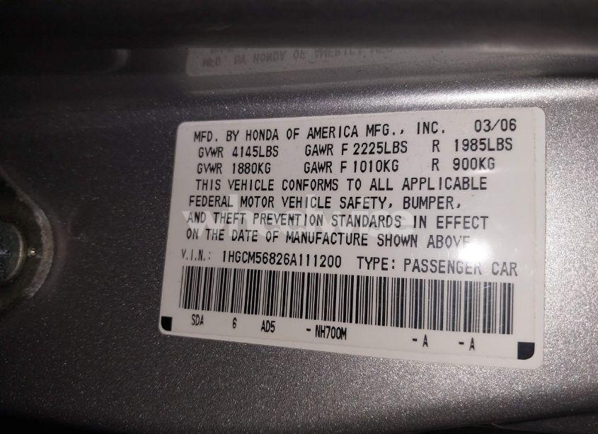 Photo 9 of 2006 Honda Accord 2.4 EX (VIN 1HGCM56826A111200)