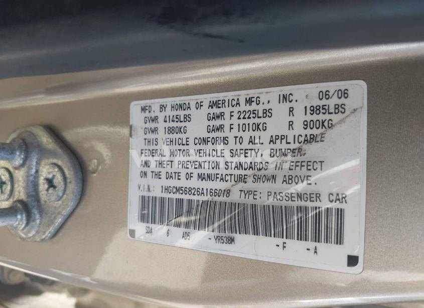 Photo 9 of 2006 Honda Accord 2.4 EX (VIN 1HGCM56826A166018)