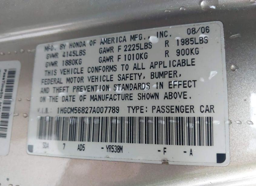 Photo 9 of 2007 Honda Accord 2.4 EX (VIN 1HGCM56827A007789)