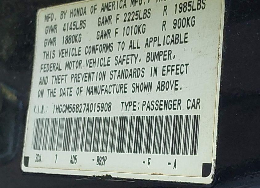 Photo 9 of 2007 Honda Accord 2.4 EX (VIN 1HGCM56827A015908)