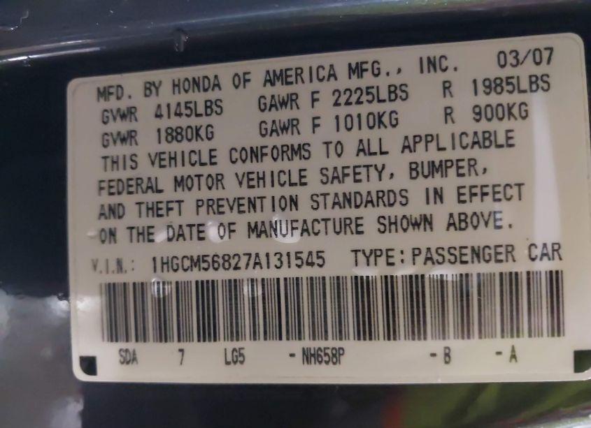 Photo 9 of 2007 Honda Accord 2.4 EX (VIN 1HGCM56827A131545)