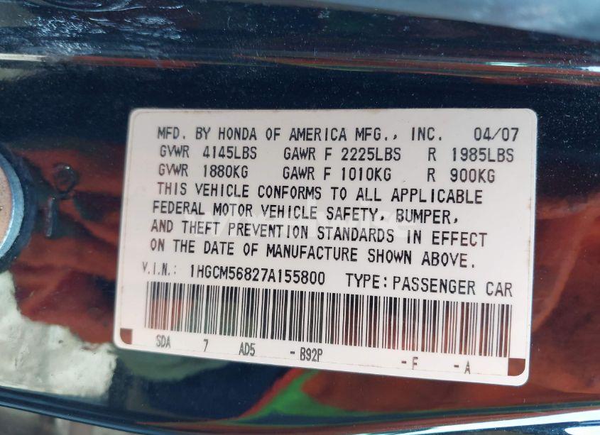 Photo 9 of 2007 Honda Accord 2.4 EX (VIN 1HGCM56827A155800)