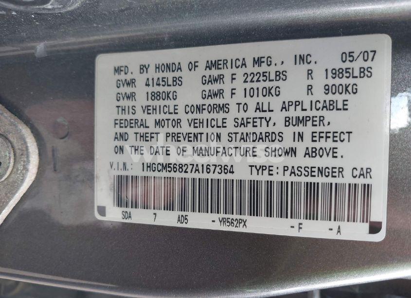 Photo 9 of 2007 Honda Accord 2.4 EX (VIN 1HGCM56827A167364)