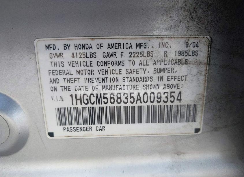 Photo 9 of 2005 Honda Accord 2.4 EX (VIN 1HGCM56835A009354)