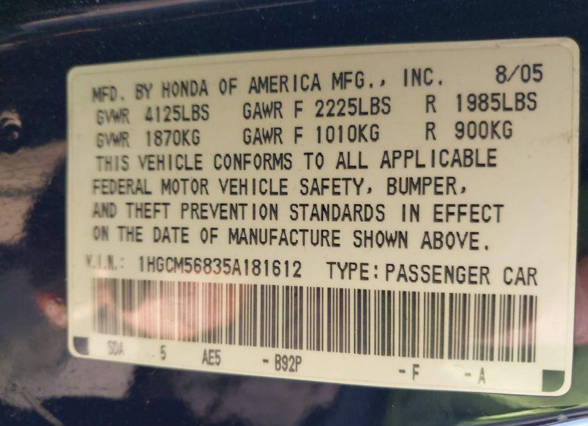 Photo 9 of 2005 Honda Accord 2.4 EX (VIN 1HGCM56835A181612)