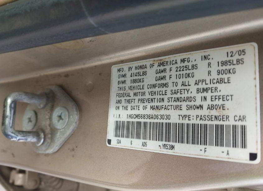 Photo 9 of 2006 Honda Accord 2.4 EX (VIN 1HGCM56836A063030)