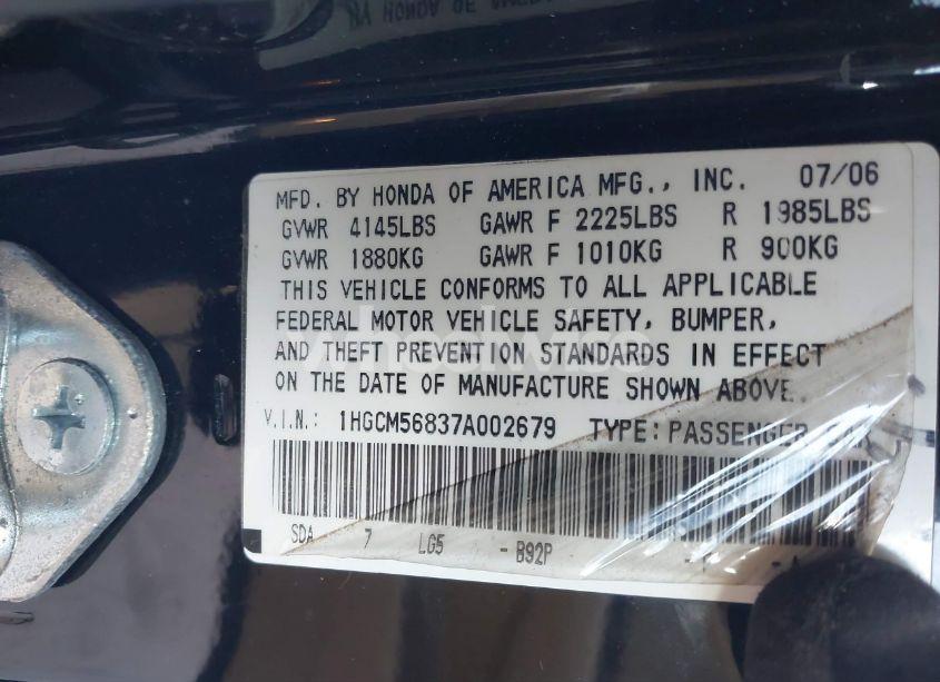 Photo 9 of 2007 Honda Accord 2.4 EX (VIN 1HGCM56837A002679)