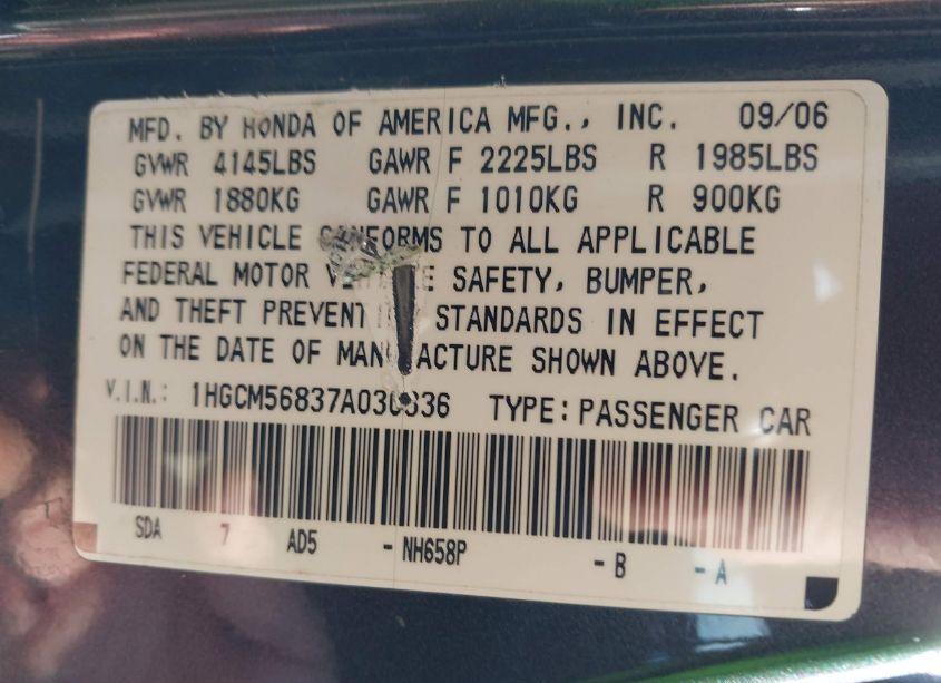 Photo 9 of 2007 Honda Accord 2.4 EX (VIN 1HGCM56837A030336)