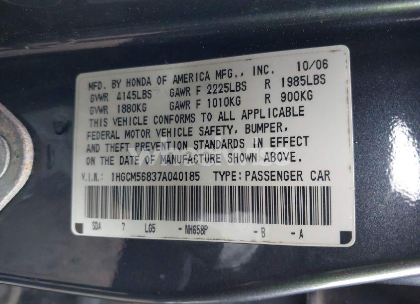Photo 9 of 2007 Honda Accord 2.4 EX (VIN 1HGCM56837A040185)