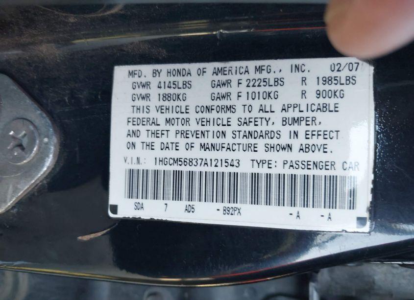 Photo 9 of 2007 Honda Accord 2.4 EX (VIN 1HGCM56837A121543)