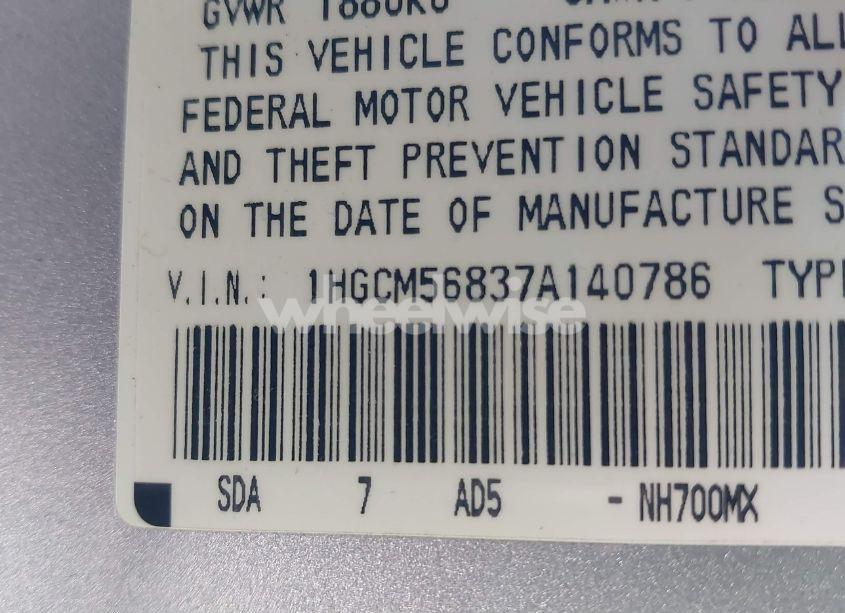 Photo 9 of 2007 Honda Accord 2.4 EX (VIN 1HGCM56837A140786)