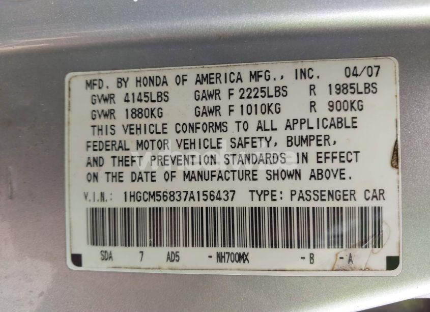 Photo 9 of 2007 Honda Accord 2.4 EX (VIN 1HGCM56837A156437)
