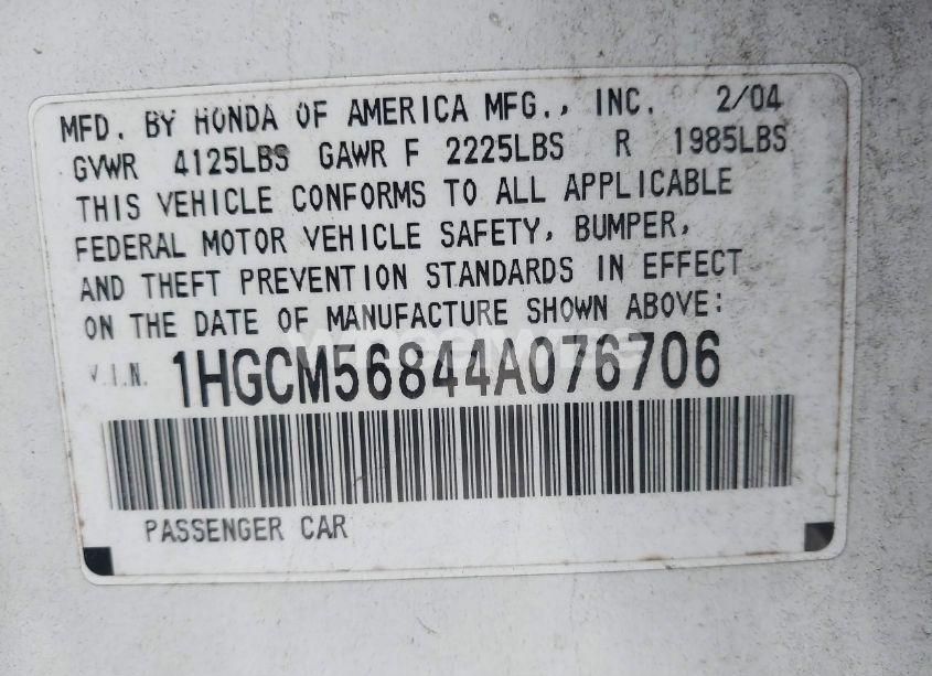 Photo 9 of 2004 Honda Accord 2.4 EX (VIN 1HGCM56844A076706)