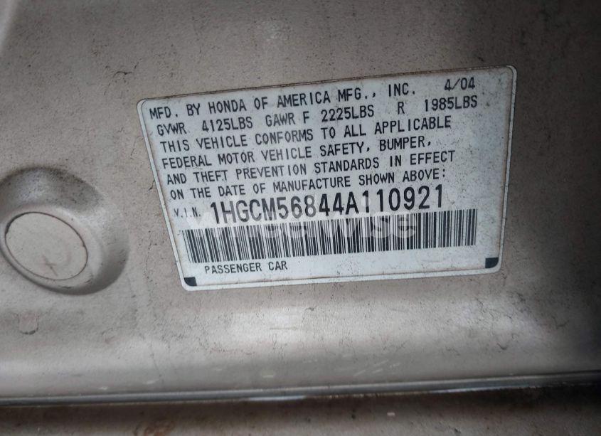 Photo 9 of 2004 Honda Accord 2.4 EX (VIN 1HGCM56844A110921)