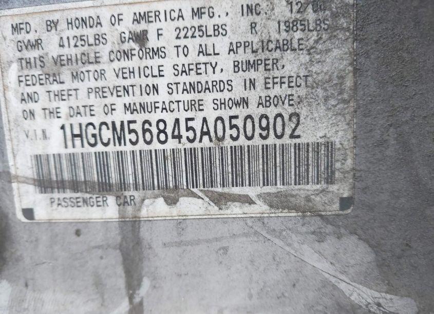 Photo 9 of 2005 Honda Accord 2.4 EX (VIN 1HGCM56845A050902)