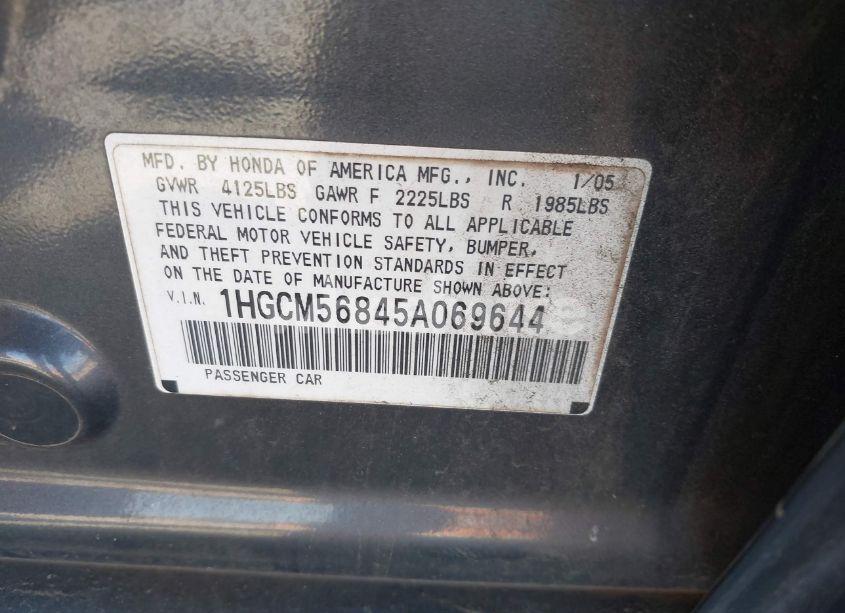 Photo 9 of 2005 Honda Accord 2.4 EX (VIN 1HGCM56845A069644)