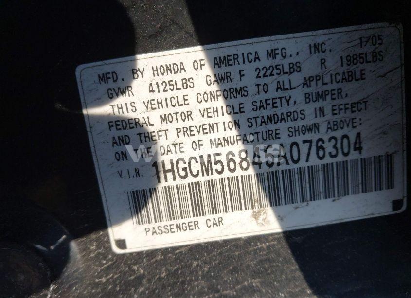 Photo 9 of 2005 Honda Accord SDN (VIN 1HGCM56845A076304)