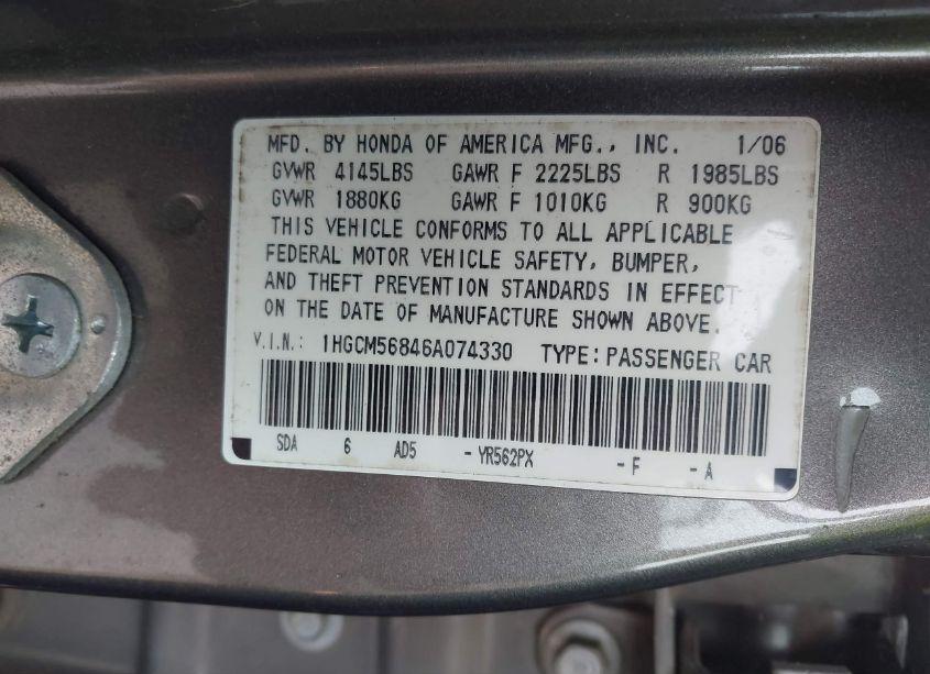 Photo 9 of 2006 Honda Accord 2.4 EX (VIN 1HGCM56846A074330)