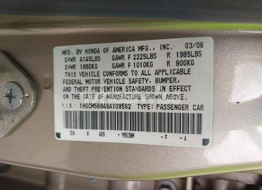 Photo 9 of 2006 Honda Accord 2.4 EX (VIN 1HGCM56846A109562)