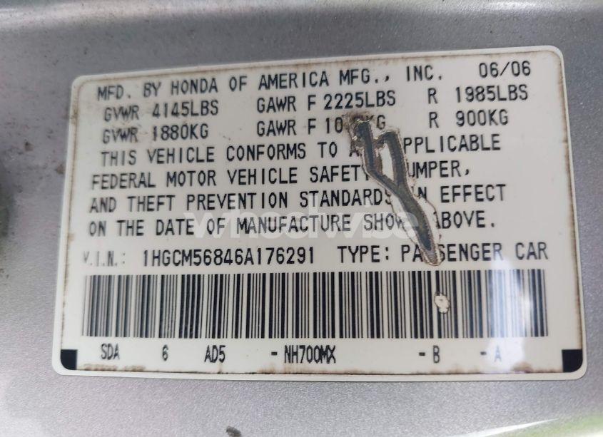 Photo 9 of 2006 Honda Accord 2.4 EX (VIN 1HGCM56846A176291)