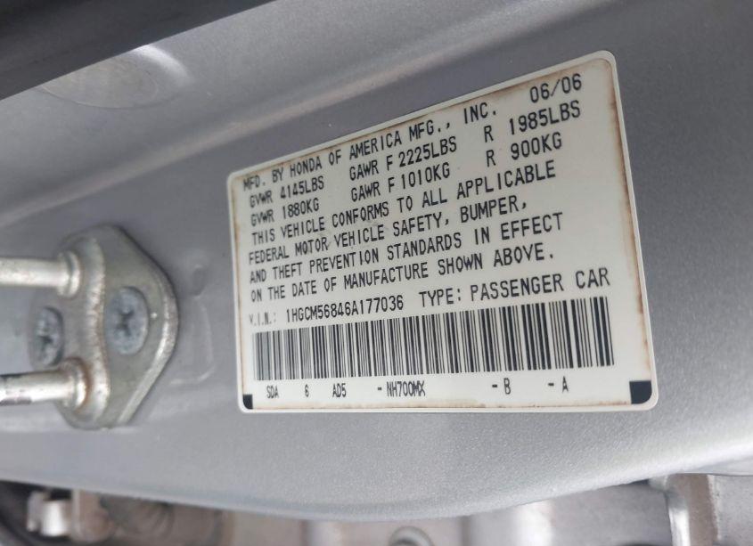 Photo 9 of 2006 Honda Accord 2.4 EX (VIN 1HGCM56846A177036)