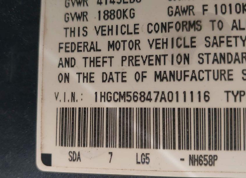 Photo 9 of 2007 Honda Accord 2.4 EX (VIN 1HGCM56847A011116)