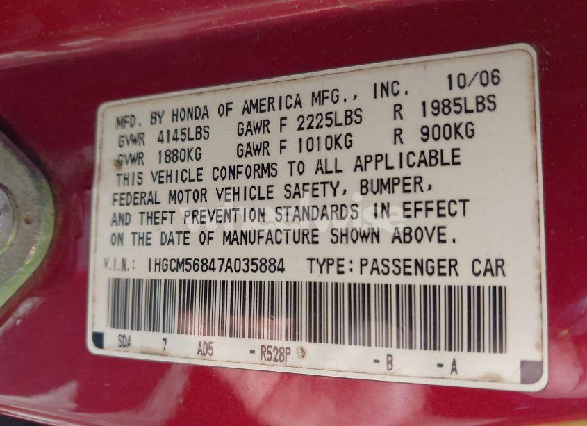 Photo 9 of 2007 Honda Accord 2.4 EX (VIN 1HGCM56847A035884)