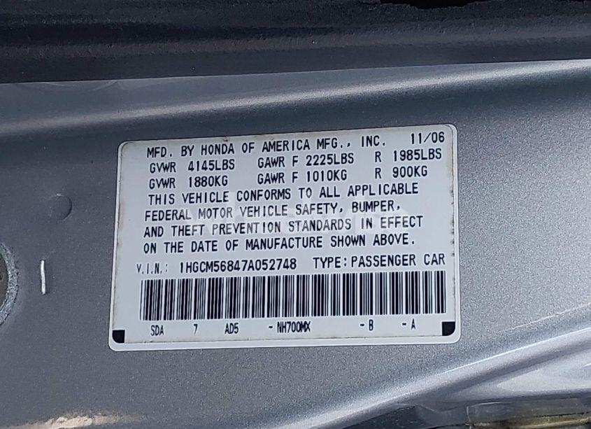 Photo 9 of 2007 Honda Accord 2.4 EX (VIN 1HGCM56847A052748)