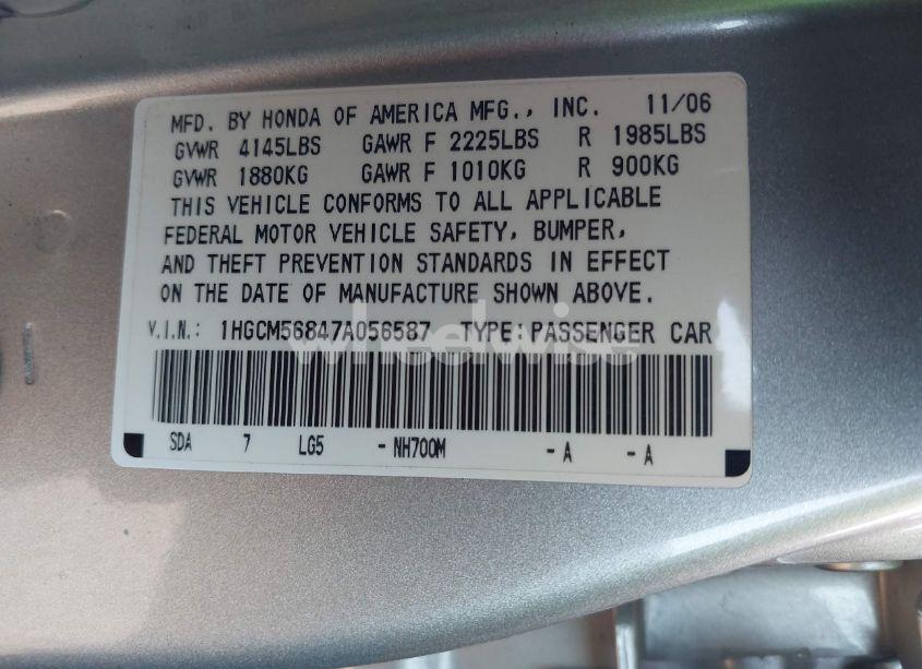 Photo 9 of 2007 Honda Accord 2.4 EX (VIN 1HGCM56847A056587)