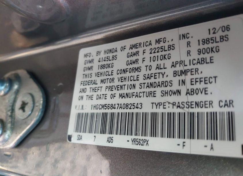 Photo 9 of 2007 Honda Accord 2.4 EX (VIN 1HGCM56847A082543)