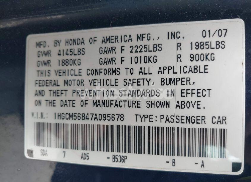 Photo 9 of 2007 Honda Accord 2.4 EX (VIN 1HGCM56847A095678)