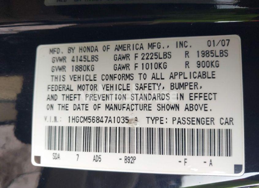 Photo 9 of 2007 Honda Accord 2.4 EX (VIN 1HGCM56847A103519)