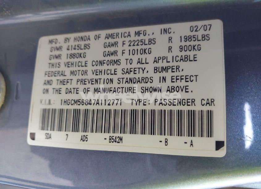 Photo 9 of 2007 Honda Accord 2.4 EX (VIN 1HGCM56847A112771)