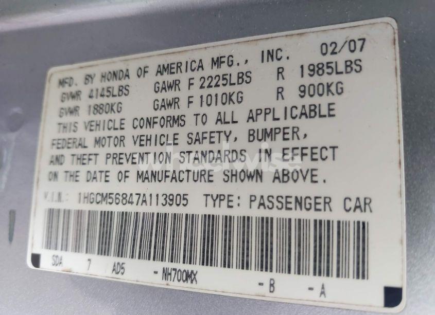 Photo 9 of 2007 Honda Accord 2.4 EX (VIN 1HGCM56847A113905)