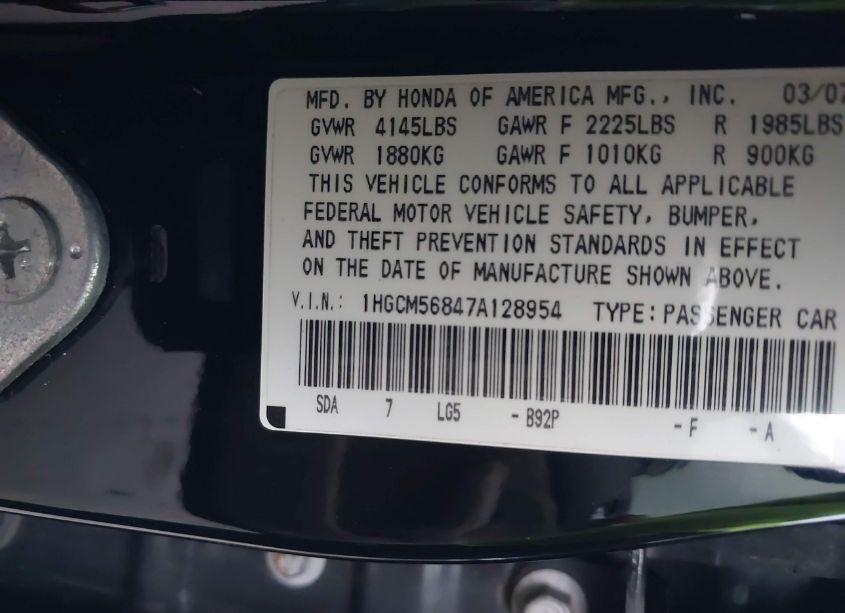 Photo 9 of 2007 Honda Accord 2.4 EX (VIN 1HGCM56847A128954)