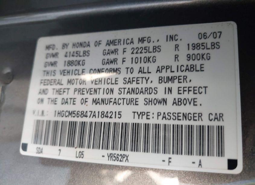 Photo 9 of 2007 Honda Accord 2.4 EX (VIN 1HGCM56847A184215)