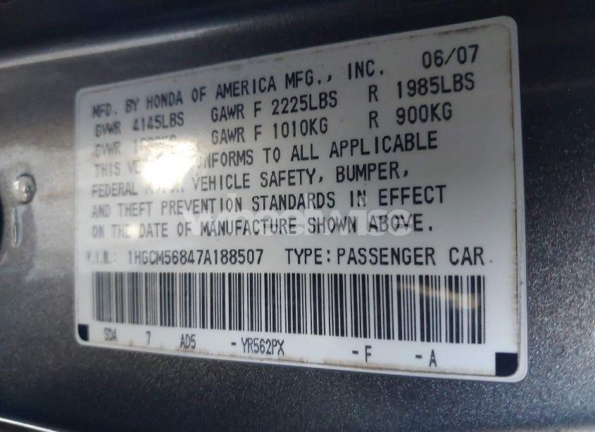 Photo 9 of 2007 Honda Accord 2.4 EX (VIN 1HGCM56847A188507)