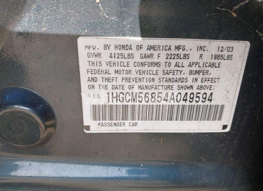 Photo 9 of 2004 Honda Accord 2.4 EX (VIN 1HGCM56854A049594)